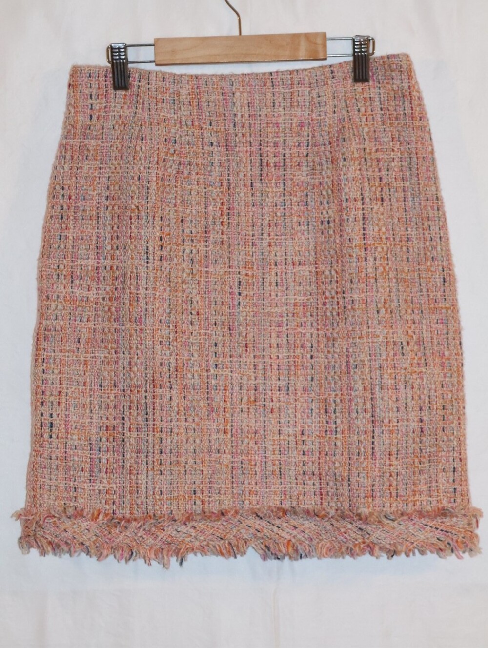 For Cynthia Pink Multicolored Tweed Frayed Fringe Hem Pencil Skirt.